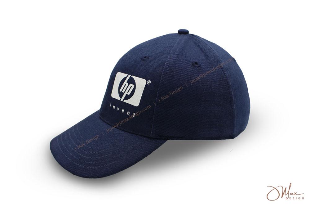 Silk screen logo on baseball cap Navy blue cotton twill cap with silk screened logo