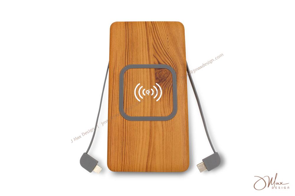 Wooden texture printed Power bank Power bank with wired and wireless charging options
