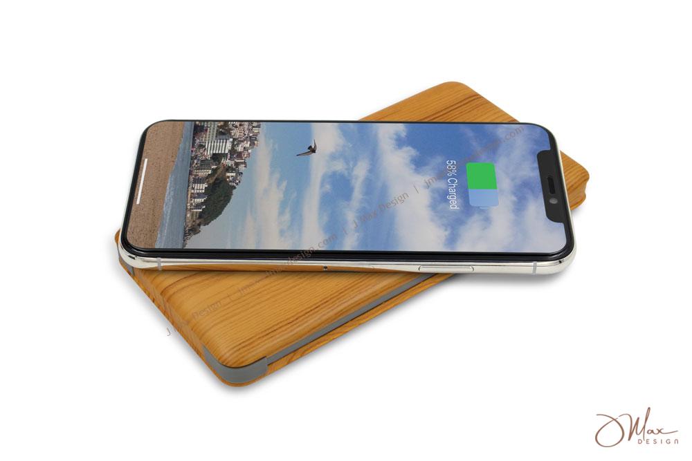 iPhone charging on Wireless charger Wooden texture print Power bank featuring wireless charge