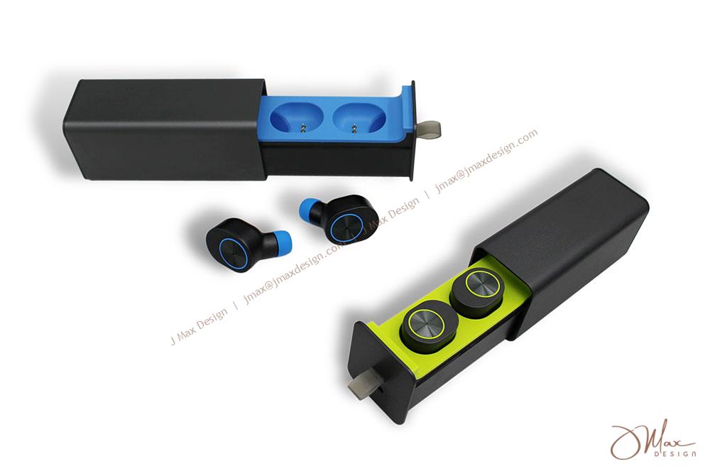 Bluetooth earbuds in blue and green colors Bluetooth earbuds in a self-charging case