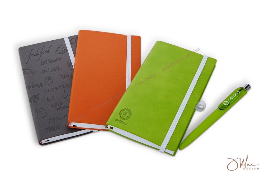 Grey, orange and green notepads with ball pen Pocket-size notepad with embossed logo on covers