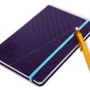 Hard cover notepad in purple with blue elastic band