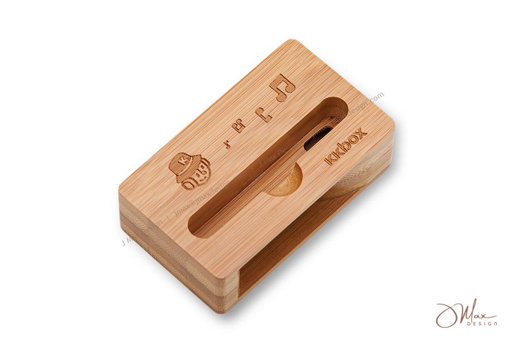 cell phone slot of bamboo amplifier Laser engraved logos effect on Bamboo cell phone amplifier