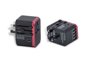 Travel adapter in black with red rim