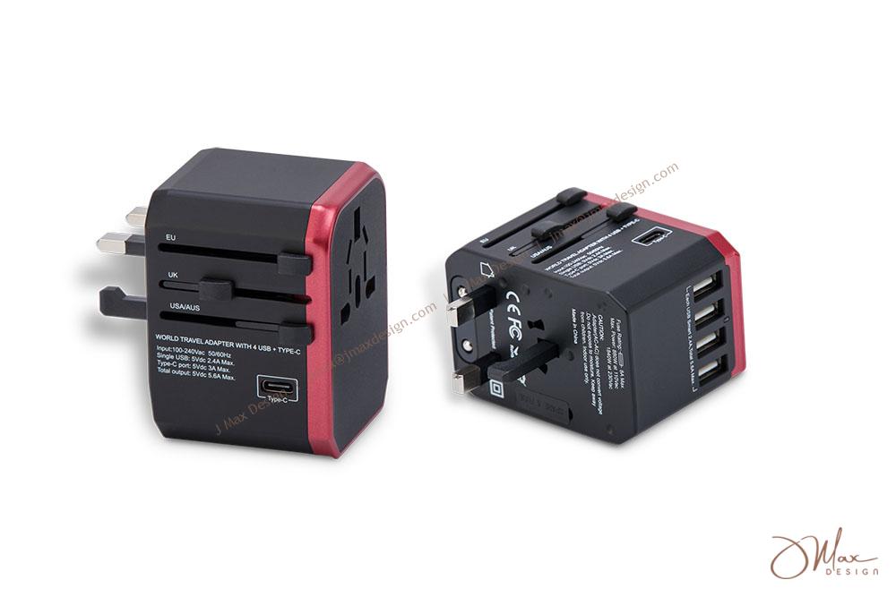 High quality travel adapter Travel adapter in black with red rim