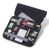 Small items are securely held by an elastic-grid organizer