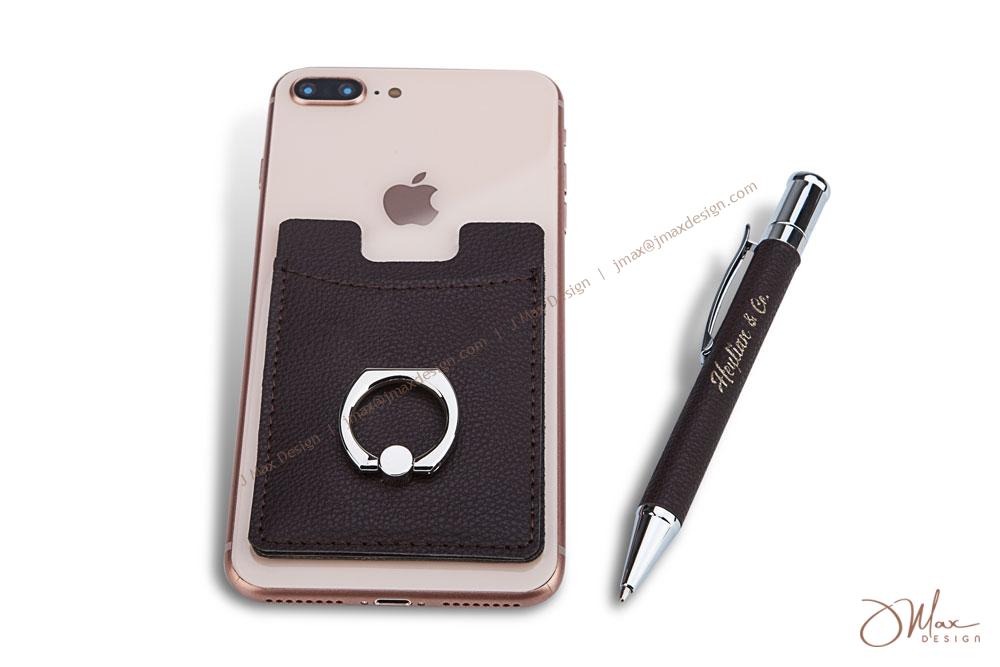 Card holder with iRing on iPhone plus a pen