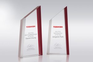 Crystal trophies featuring red, clear & matt crystals