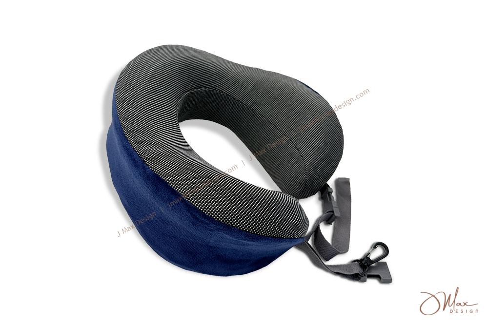 Memory form travel pillow in blue and grey