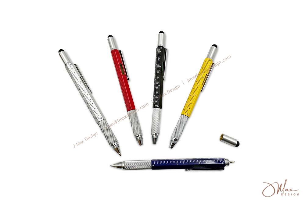 Multifunction tool pen with ballpoint pen, touch screen stylus, Phillips and flathead screwdrivers, and metric and inch ruler