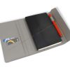 unfolded 3-fold notepad featuring card slots, storage compartment, notepad and pen holder