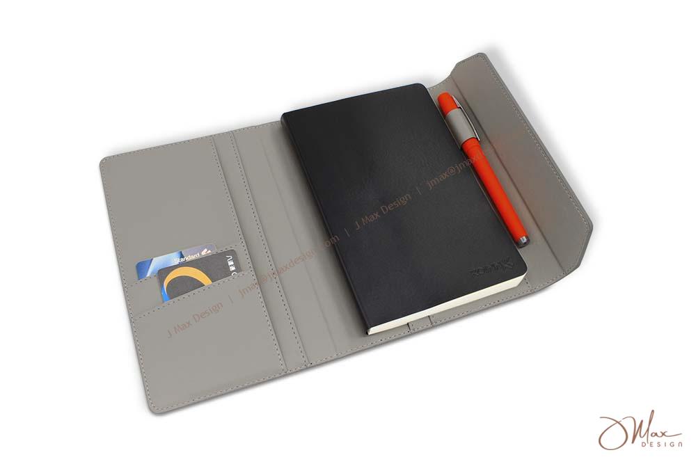 unfolded 3-fold notepad featuring card slots, storage compartment, notepad and pen holder