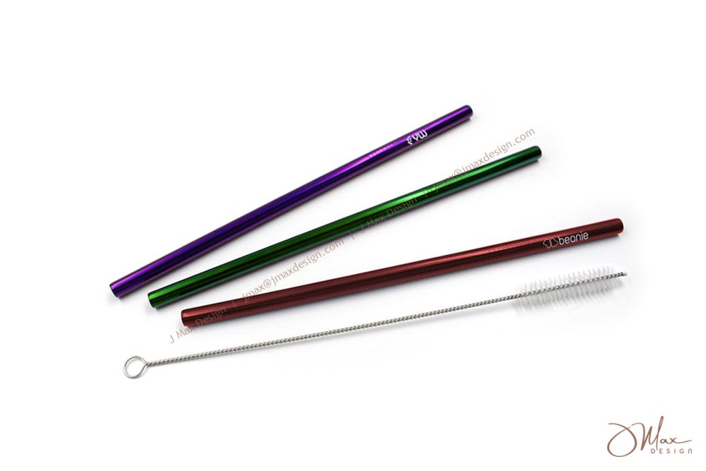 Colorful straight metal drinking straws & cleaning brush