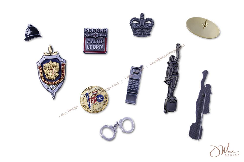 An array of metal pins Unique tailor-made metal lapel pins