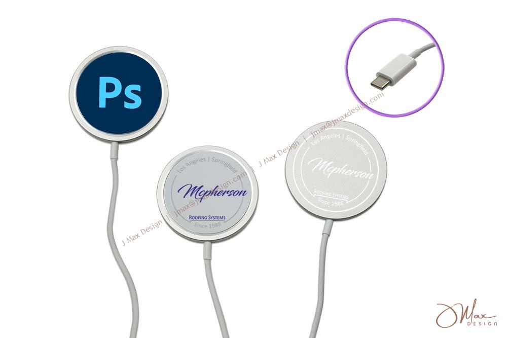 Logo effect on MagSafe Charger featuring USB-C plug Logo printing and laser engraving on MagSafe Charger