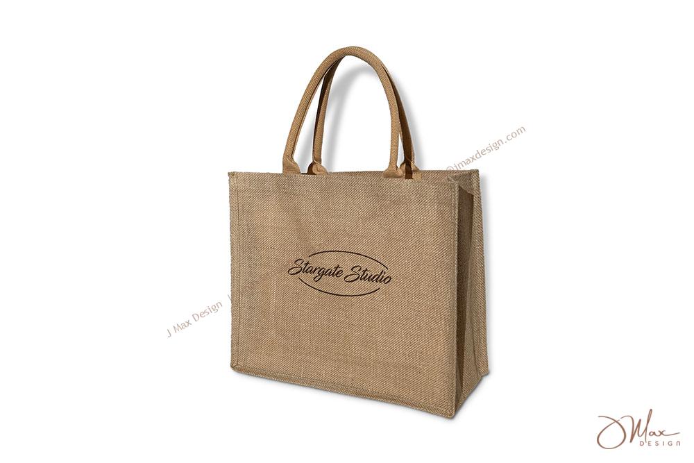 Jute bag with custom logo printed on front