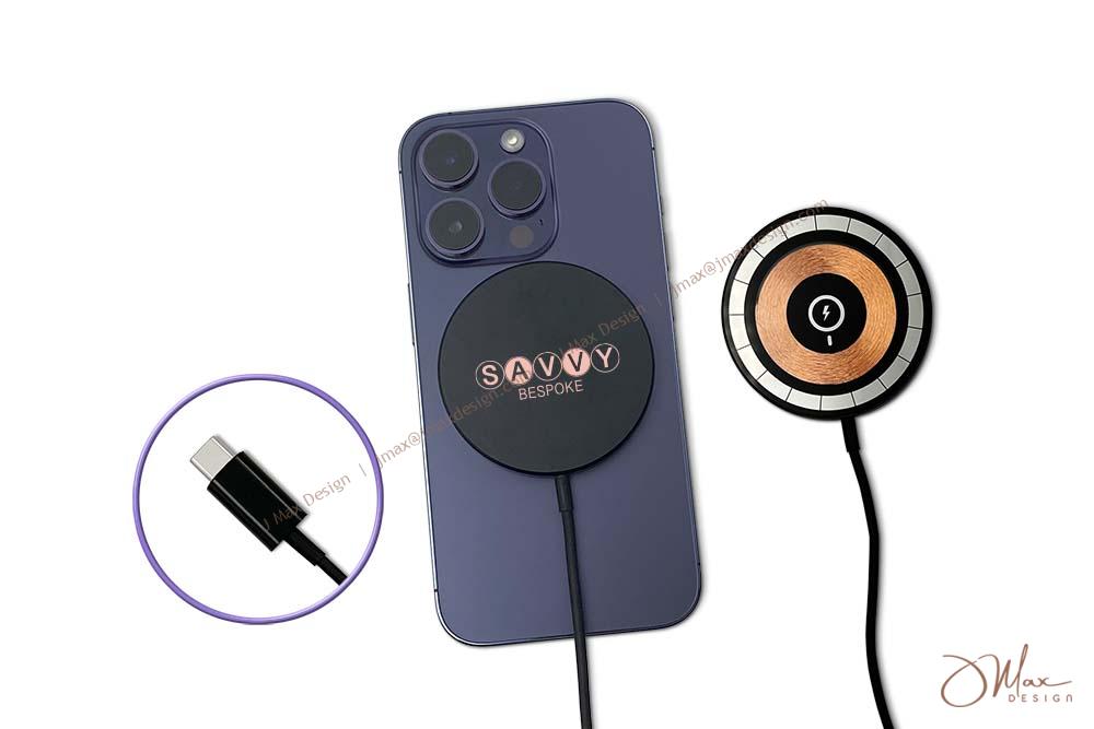 Logo printed Magnetic Charger attached to iPhone Front and back view of Magnetic Charger, featuring USB-C cable