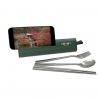 Cutlery set comes with PVC case featuring cell phone stand