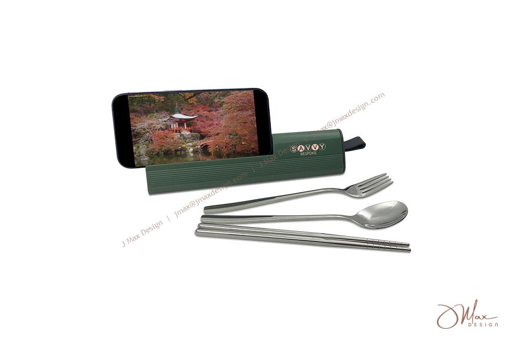 Cutlery set comes with PVC case featuring cell phone stand