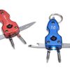 Multi-tool keyring in red and blue featuring flash light