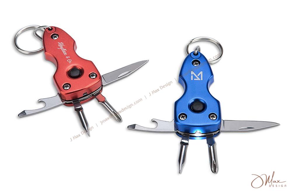 Multi-tool keyring in red and blue featuring flash light