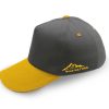 Baseball cap with dark grey panel, yellow brim, eyelets & embroidered logo