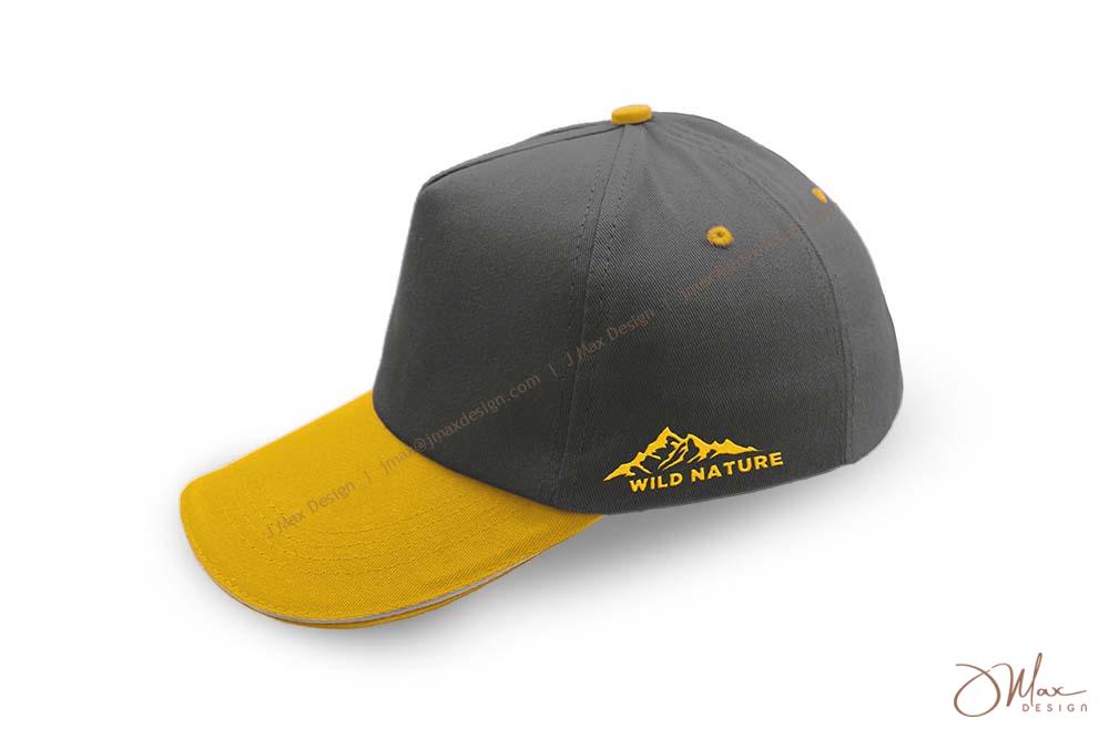 Baseball cap with dark grey panel, yellow brim, eyelets & embroidered logo