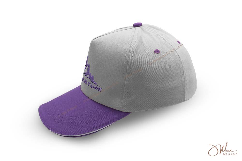 Baseball cap with embroidered logo on front panel Baseball cap with grey panel, purple brim, eyelets & embroidered logo