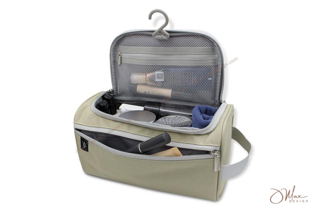 An unzipped Toiletry Bag featuring multi-compartments and hanging hook
