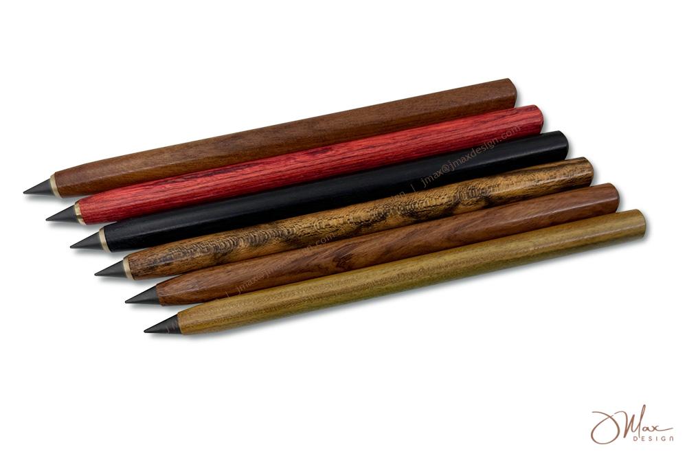 Elegant Everlasting Pencils with wooden bodies, secure plastic lids, and customizable laser-engraved logos.