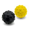 A black and a yellow massage ball with textured surfaces, designed for muscle relief and recovery, displayed on a white background.