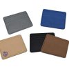 Five customizable RFID blocking card cases in various colors (gray, blue, black, tan, and brown) with different logo designs.