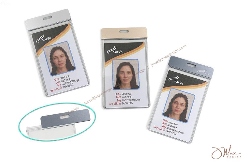Three Premium Aluminum Alloy ID Card Holders in Silver, Charcoal, and Gold, showcasing a clear PVC case for ID cards. Each holder features a slide mechanism for easy access