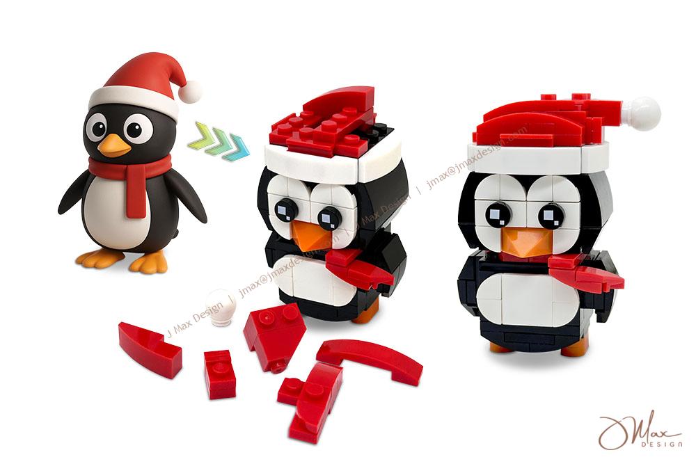 A colorful block construction kit featuring three penguin figures in Santa hats, showcasing various interchangeable pieces and accessories for customization.